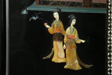 アジアンヴィンテージ　希少!!　中国美術屏風　雅集図　螺鈿　豪華装飾の玉石象嵌衝立　(R-085192)