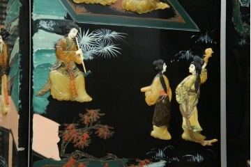 アジアンヴィンテージ　希少!!　中国美術屏風　雅集図　螺鈿　豪華装飾の玉石象嵌衝立　(R-085192)