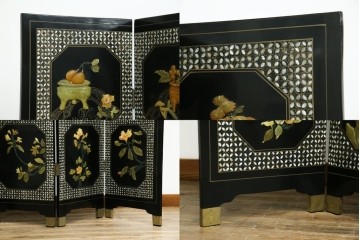 アジアンヴィンテージ　希少!!　中国美術屏風　雅集図　螺鈿　豪華装飾の玉石象嵌衝立　(R-085192)