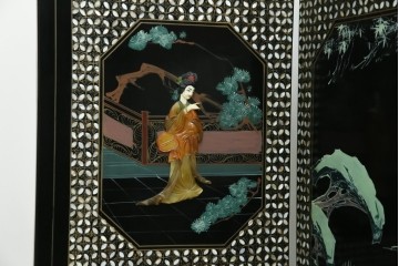 アジアンヴィンテージ　希少!!　中国美術屏風　雅集図　螺鈿　豪華装飾の玉石象嵌衝立　(R-085192)