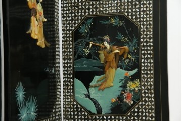 アジアンヴィンテージ　希少!!　中国美術屏風　雅集図　螺鈿　豪華装飾の玉石象嵌衝立　(R-085192)