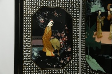 アジアンヴィンテージ　希少!!　中国美術屏風　雅集図　螺鈿　豪華装飾の玉石象嵌衝立　(R-085192)