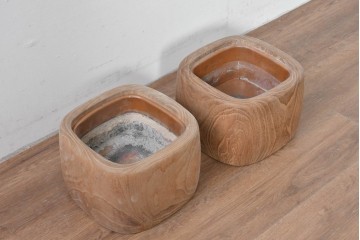 【簡易リペア限定品】　和製ヴィンテージ　桐材　角形が珍しいくり抜き木製火鉢2点セット(R-085202)