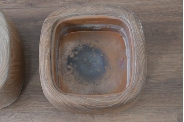 【簡易リペア限定品】　和製ヴィンテージ　桐材　角形が珍しいくり抜き木製火鉢2点セット(R-085202)