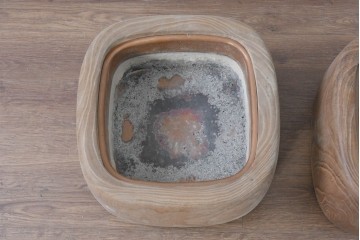 【簡易リペア限定品】　和製ヴィンテージ　桐材　角形が珍しいくり抜き木製火鉢2点セット(R-085202)