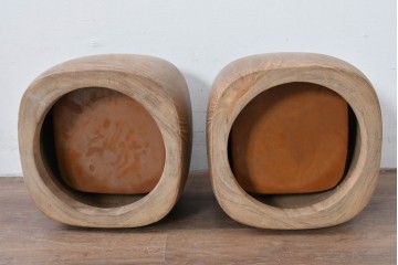 【簡易リペア限定品】　和製ヴィンテージ　桐材　角形が珍しいくり抜き木製火鉢2点セット(R-085202)