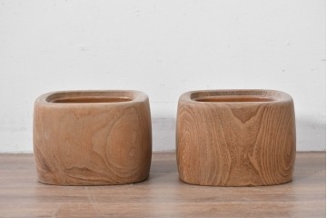 【簡易リペア限定品】　和製ヴィンテージ　桐材　角形が珍しいくり抜き木製火鉢2点セット(R-085202)