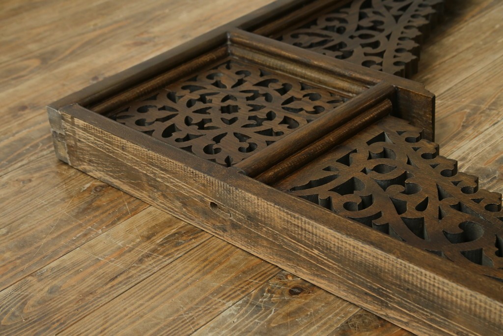 アジアンヴィンテージ　希少!!　インド建築装飾　大型(150cm)　唐草透かし彫りのアーチ形ブラケットパネル一対　(R-085203)