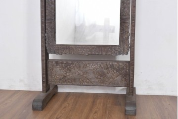 和製ヴィンテージ　伝統工芸　軽井沢彫り　咲き誇る桜の彫刻が美しいスタンドミラー　(R-085209)