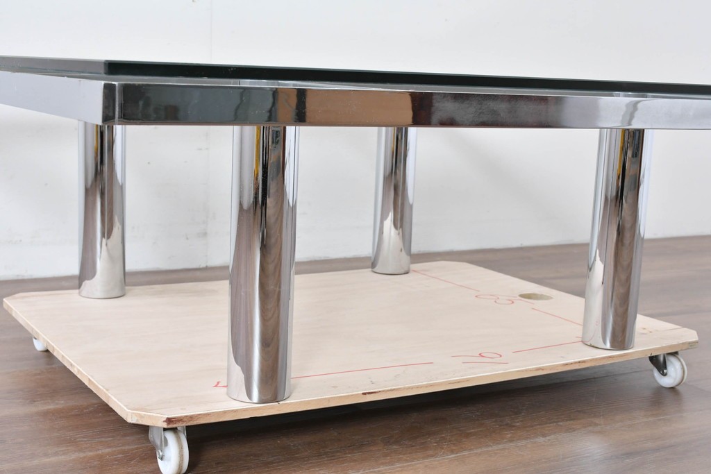 アメリカヴィンテージ　希少モデル　ノール(Knoll)　トビア・スカルパ(Tobia Scarpa)デザイン　構造美が映えるアンドレ(Andre)スクエアガラステーブル　(R-085220)