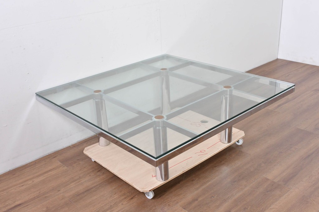 アメリカヴィンテージ　希少モデル　ノール(Knoll)　トビア・スカルパ(Tobia Scarpa)デザイン　構造美が映えるアンドレ(Andre)スクエアガラステーブル　(R-085220)