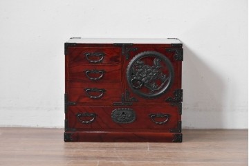 中古　美品　仙台民芸箪笥　力強い杢目と立派な金具が目を引く仙台小箪笥　(R-085224)