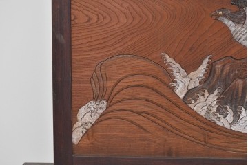 和製アンティーク　総欅(ケヤキ)材　在銘　惣昌　虎と鷹の図　迫力のある両面彫刻の衝立て　(R-085244)