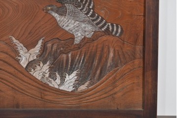 和製アンティーク　総欅(ケヤキ)材　在銘　惣昌　虎と鷹の図　迫力のある両面彫刻の衝立て　(R-085244)