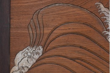 和製アンティーク　総欅(ケヤキ)材　在銘　惣昌　虎と鷹の図　迫力のある両面彫刻の衝立て　(R-085244)