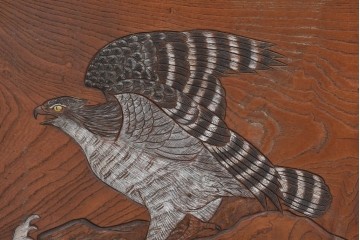 和製アンティーク　総欅(ケヤキ)材　在銘　惣昌　虎と鷹の図　迫力のある両面彫刻の衝立て　(R-085244)