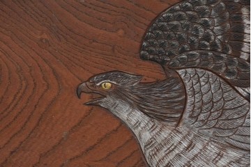 和製アンティーク　総欅(ケヤキ)材　在銘　惣昌　虎と鷹の図　迫力のある両面彫刻の衝立て　(R-085244)