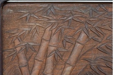 和製アンティーク　総欅(ケヤキ)材　在銘　惣昌　虎と鷹の図　迫力のある両面彫刻の衝立て　(R-085244)