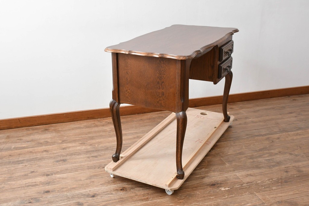 ベルギーヴィンテージ　オーク材　曲線的なフォルムがかわいらしい猫脚の片袖デスク　(R-085255)