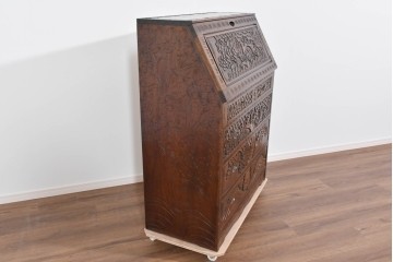 中古　軽井沢彫り　凝った彫刻が美しく和室にも洋室にも合うのが嬉しいライティングビューロー　(R-085256)