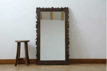 中古　美品　伝統工芸　軽井沢彫り　豪華な桜の立体彫刻が美しい特大鏡　(R-085266)