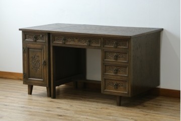 和製ヴィンテージ　神戸洋家具　ナラ材　単独使用可能なサイドキャビネット付きデスク　(R-085274)