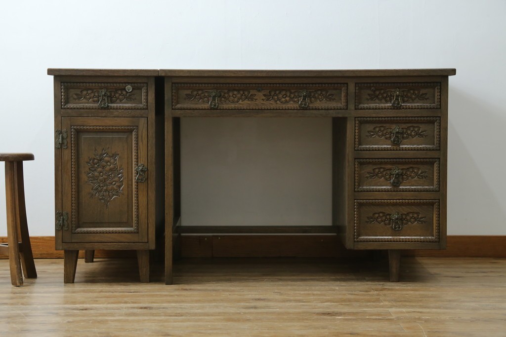 和製ヴィンテージ　神戸洋家具　ナラ材　単独使用可能なサイドキャビネット付きデスク　(R-085274)