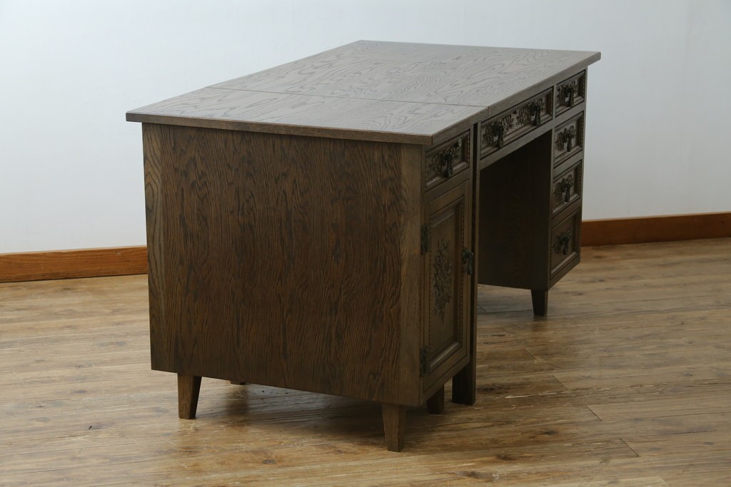 和製ヴィンテージ　神戸洋家具　ナラ材　単独使用可能なサイドキャビネット付きデスク　(R-085274)