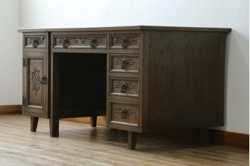 和製ヴィンテージ　神戸洋家具　ナラ材　単独使用可能なサイドキャビネット付きデスク　(R-085274)