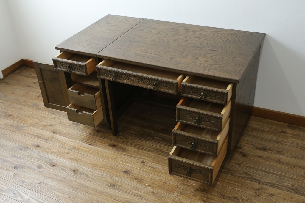 和製ヴィンテージ　神戸洋家具　ナラ材　単独使用可能なサイドキャビネット付きデスク　(R-085274)