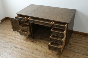 和製ヴィンテージ　神戸洋家具　ナラ材　単独使用可能なサイドキャビネット付きデスク　(R-085274)