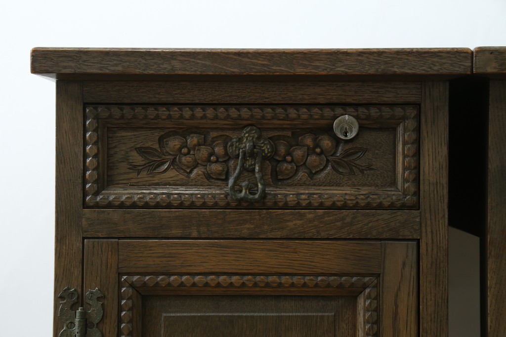 和製ヴィンテージ　神戸洋家具　ナラ材　単独使用可能なサイドキャビネット付きデスク　(R-085274)