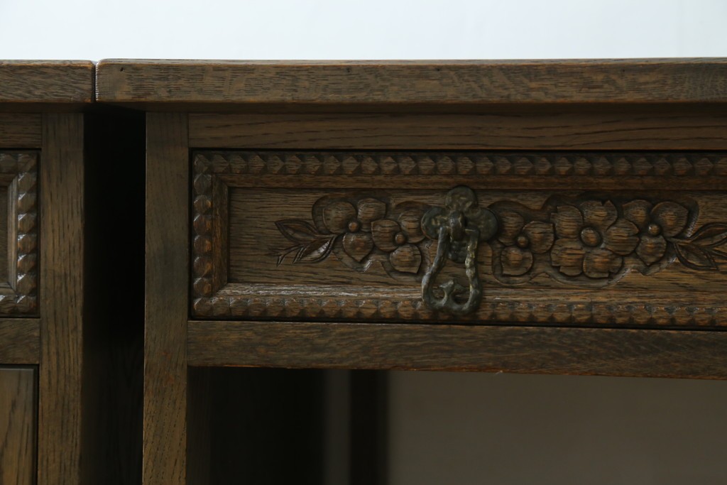 和製ヴィンテージ　神戸洋家具　ナラ材　単独使用可能なサイドキャビネット付きデスク　(R-085274)