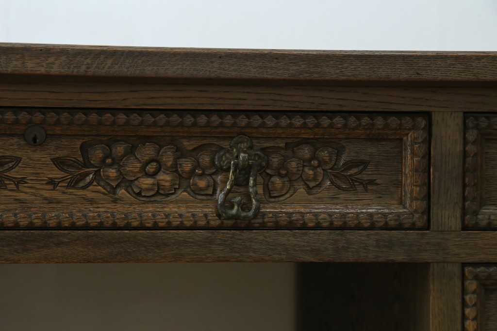 和製ヴィンテージ　神戸洋家具　ナラ材　単独使用可能なサイドキャビネット付きデスク　(R-085274)