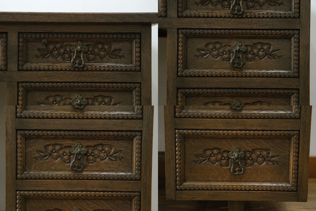 和製ヴィンテージ　神戸洋家具　ナラ材　単独使用可能なサイドキャビネット付きデスク　(R-085274)