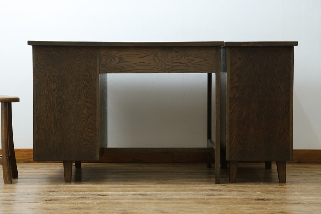 和製ヴィンテージ　神戸洋家具　ナラ材　単独使用可能なサイドキャビネット付きデスク　(R-085274)