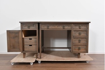 和製ヴィンテージ　神戸洋家具　ナラ材　単独使用可能なサイドキャビネット付きデスク　(R-085274)