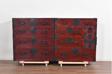 和製アンティーク　明治大正期　前面欅(ケヤキ)材　重厚な金具に木肌の美しさが映える合わせ一間の仙台箪笥　(R-085279)