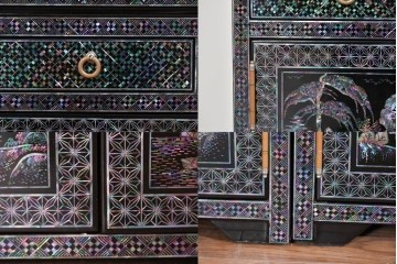 中古　美品　高級品　螺鈿装飾が華やかな飾り棚付きローボード　(R-085286)