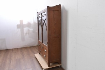 和製アンティーク　昭和初期　栗材　曲線意匠のガラス戸が味わい深い本箱　(R-085294)