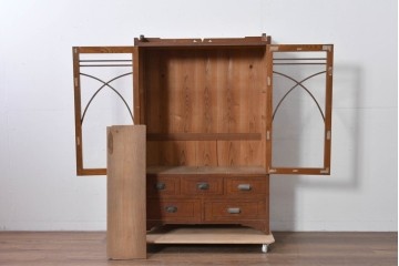 和製アンティーク　昭和初期　栗材　曲線意匠のガラス戸が味わい深い本箱　(R-085294)