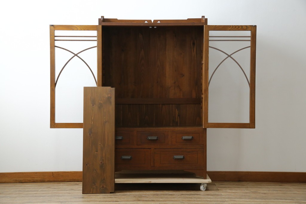 和製アンティーク　昭和初期　栗材　曲線意匠のガラス戸が味わい深い本箱　(R-085294)