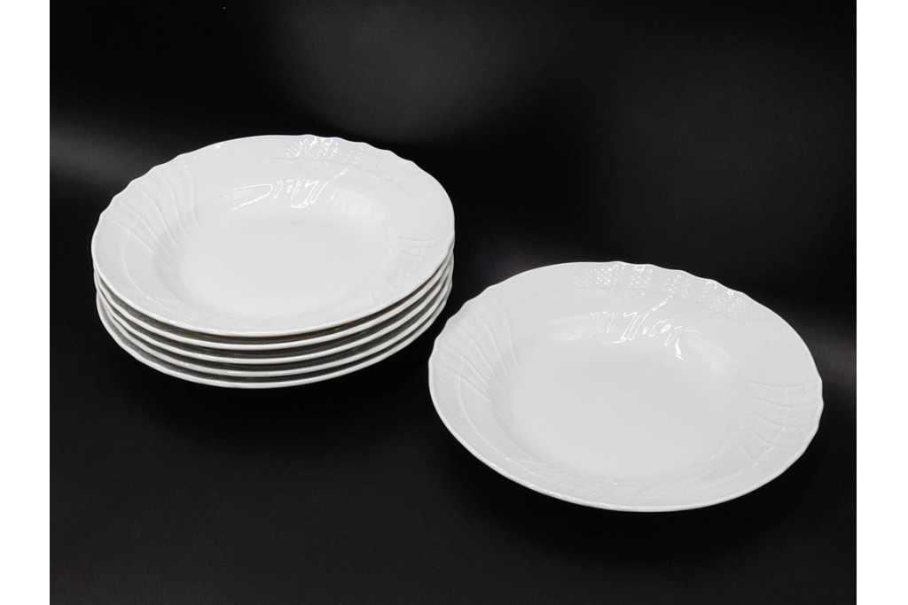 イタリア　Richard Ginori(リチャードジノリ)　ベッキオホワイト 約23cm　白磁のレリーフが上品なスーププレート6枚セット　(R-085299)