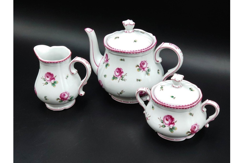 イタリア　Richard Ginori(リチャードジノリ)　アンティックローズ　ピンクの縁取りが上品なティーポット・シュガーポット・クリーマーセット　(R-085308)
