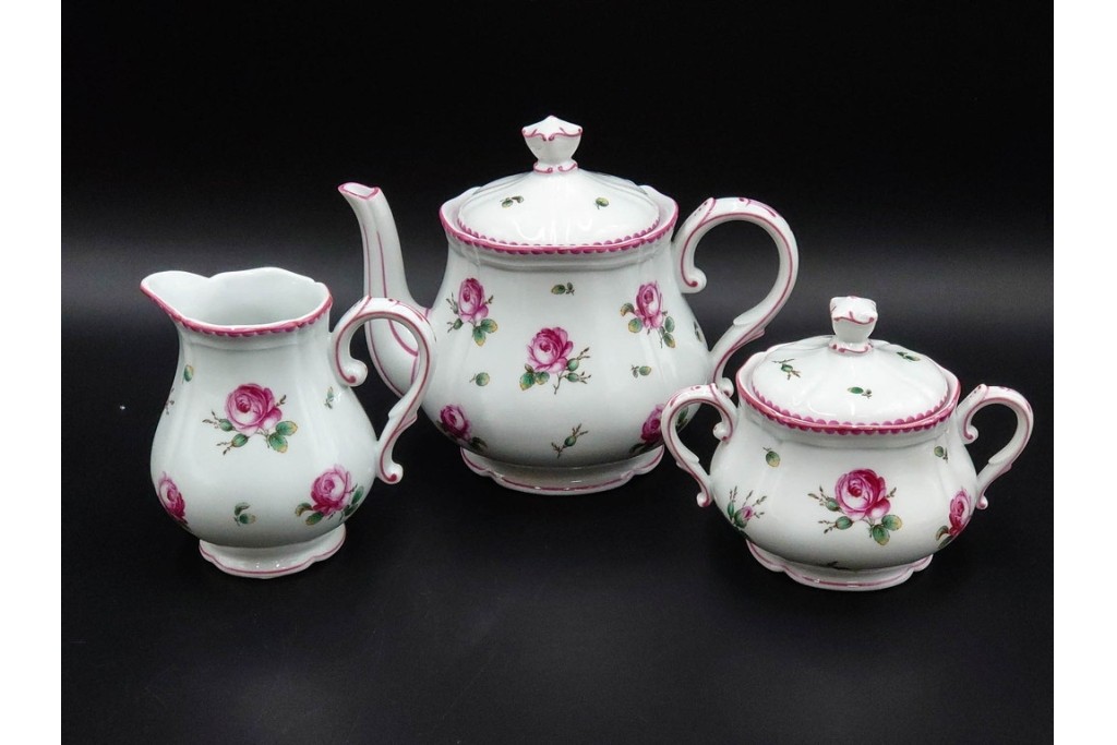 イタリア　Richard Ginori(リチャードジノリ)　アンティックローズ　ピンクの縁取りが上品なティーポット・シュガーポット・クリーマーセット　(R-085308)