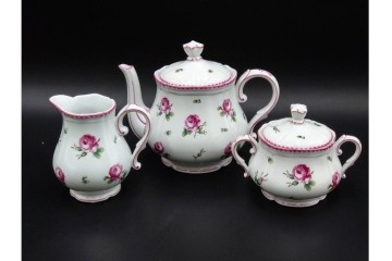 イタリア　Richard Ginori(リチャードジノリ)　アンティックローズ　ピンクの縁取りが上品なティーポット・シュガーポット・クリーマーセット　(R-085308)