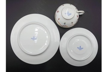 フランス　LIMOGES(リモージュ)　HAVILAND(アビランド)　Vieux Paris(ヴューパリ)　小花とリースが上品なトリオ4客セット　(R-085312)