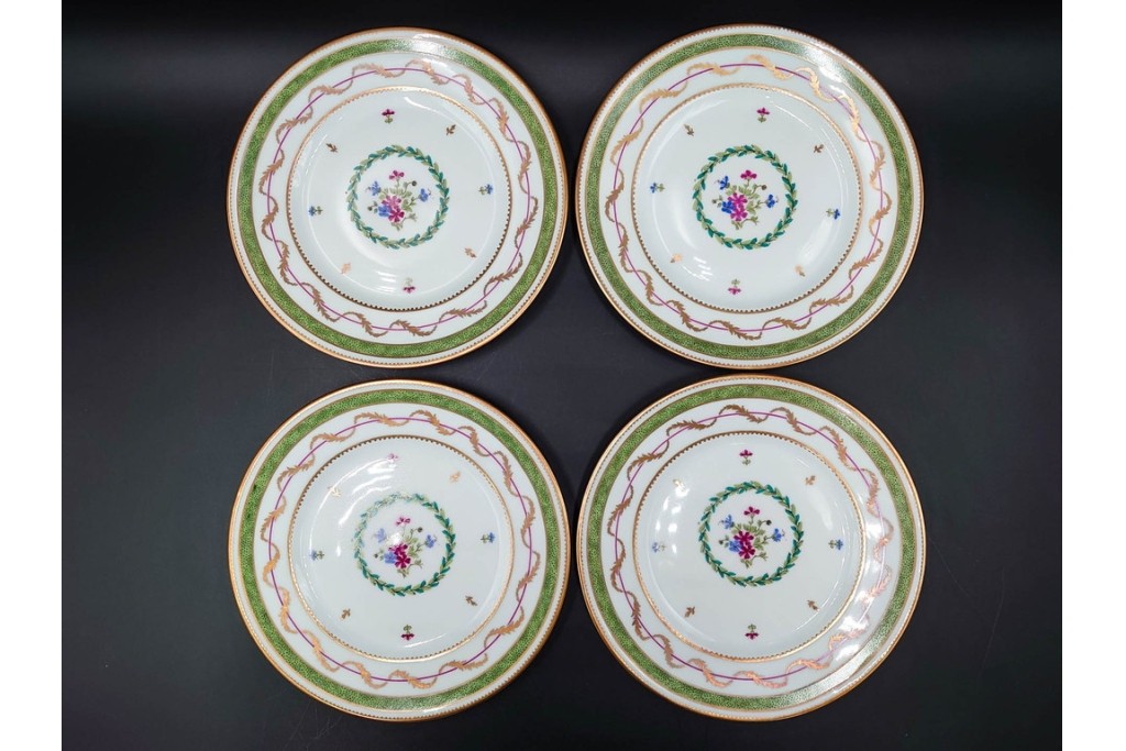 フランス　LIMOGES(リモージュ)　HAVILAND(アビランド)　Vieux Paris(ヴューパリ)　小花とリースが上品なトリオ4客セット　(R-085312)