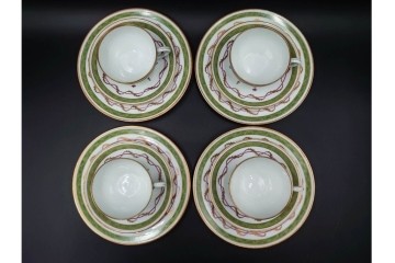 フランス　LIMOGES(リモージュ)　HAVILAND(アビランド)　Vieux Paris(ヴューパリ)　小花とリースが上品なトリオ4客セット　(R-085312)