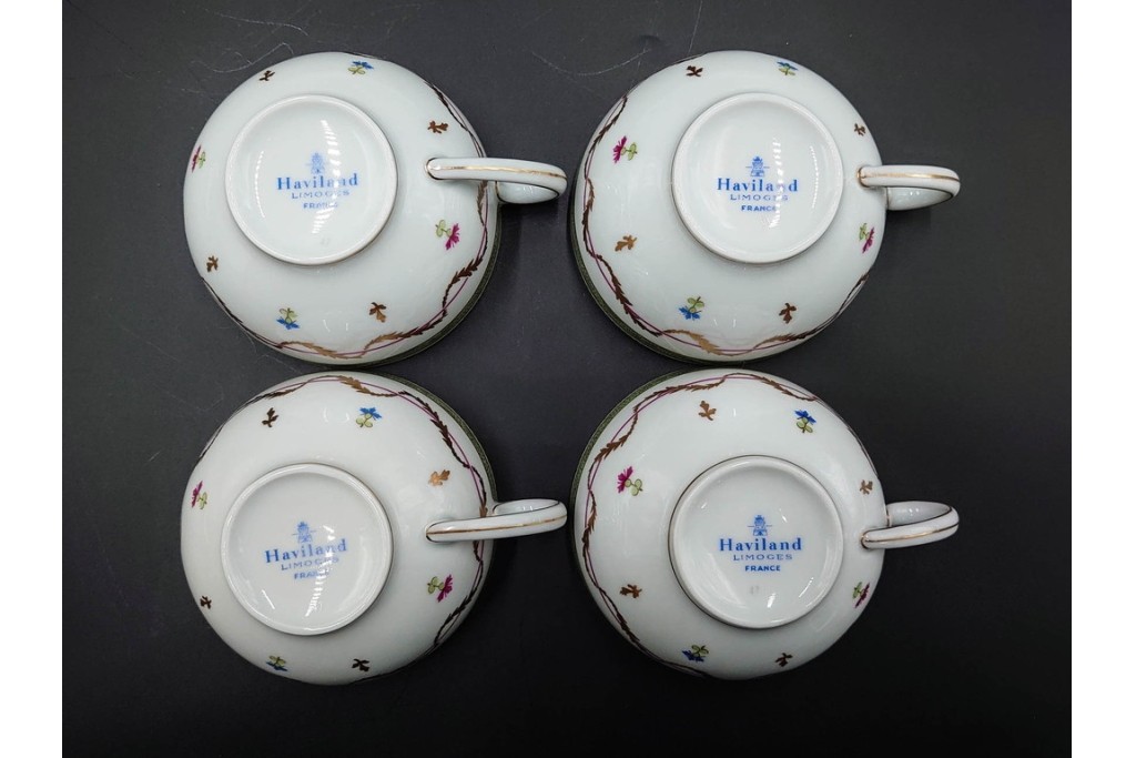 フランス　LIMOGES(リモージュ)　HAVILAND(アビランド)　Vieux Paris(ヴューパリ)　小花とリースが上品なトリオ4客セット　(R-085313)